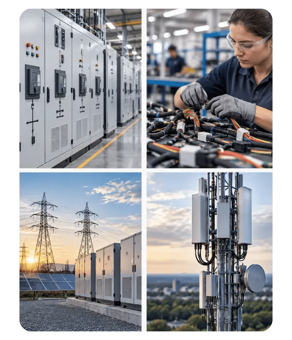 Electrical manufacturing segments: switchgear and control panels, wire and cable assembly, power and energy equipment, and telecommunications infrastructure