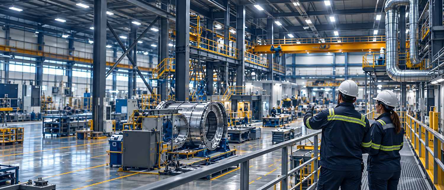 Industrial end markets team reviewing heavy equipment on a manufacturing floor, executive and professional search