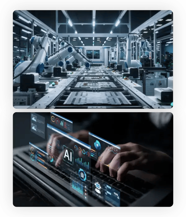 Robotic assembly line and AI analytics dashboard, industrial technology recruiters, executive and professional search
