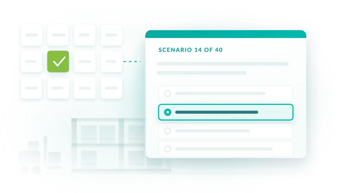 Forty workplace scenarios with one response selected, shown over warehouse racking