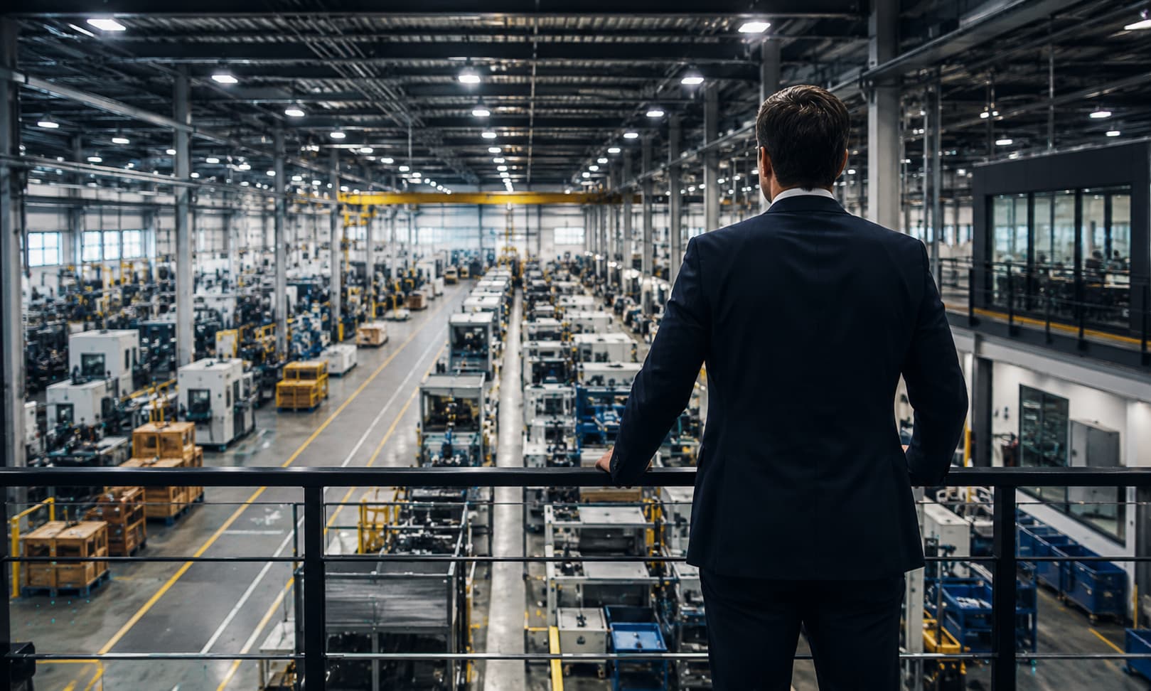 Manufacturing executive overlooking a production floor in an industrial facility