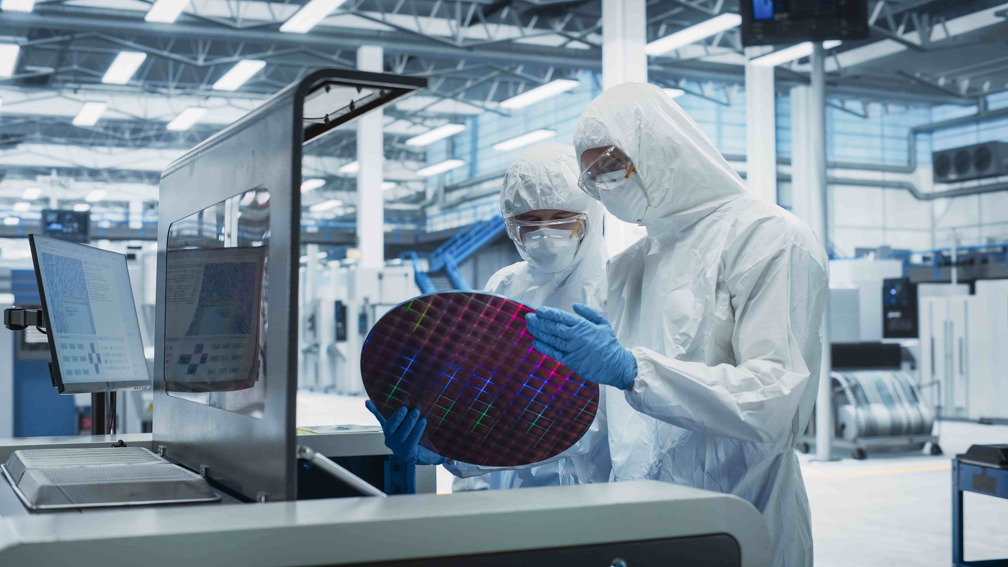 Semiconductor engineers inspecting a silicon wafer in a cleanroom fab