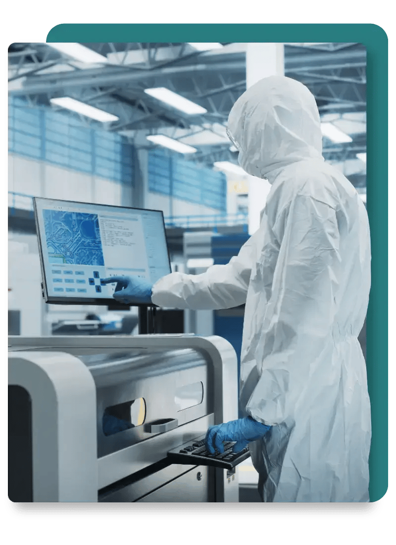 Semiconductor and electronics recruiters nationwide, engineer inspecting a chip layout in a cleanroom