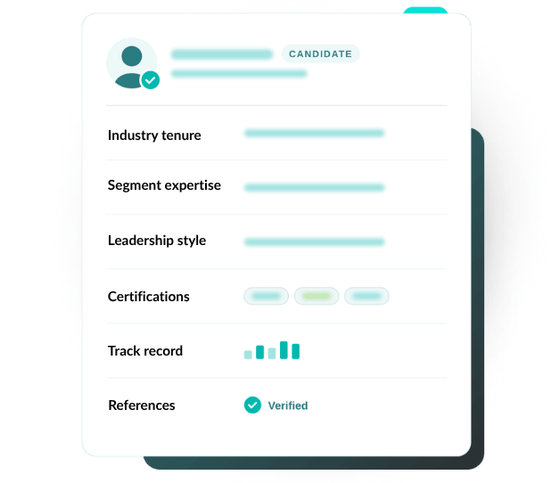 Vetted candidate profile card showing experience, certifications, and verified references for industrial search
