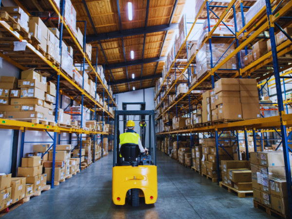 Driving forklift in wholesale distribution warehouse