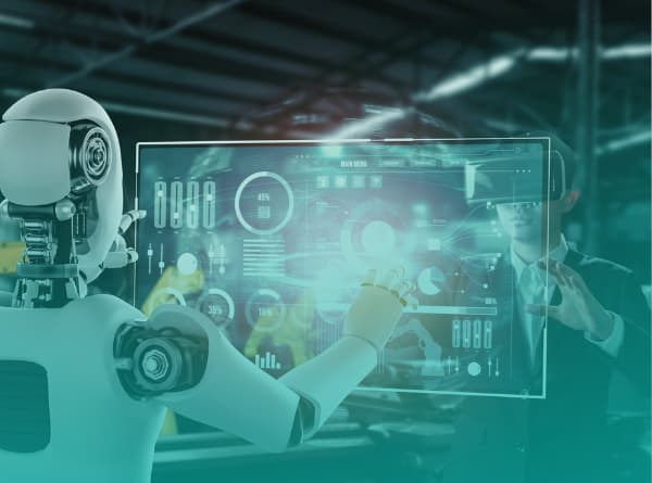 AI robot and professional in VR headset using a holographic factory dashboard