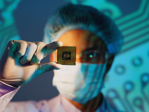 worker looking at semiconductor chip